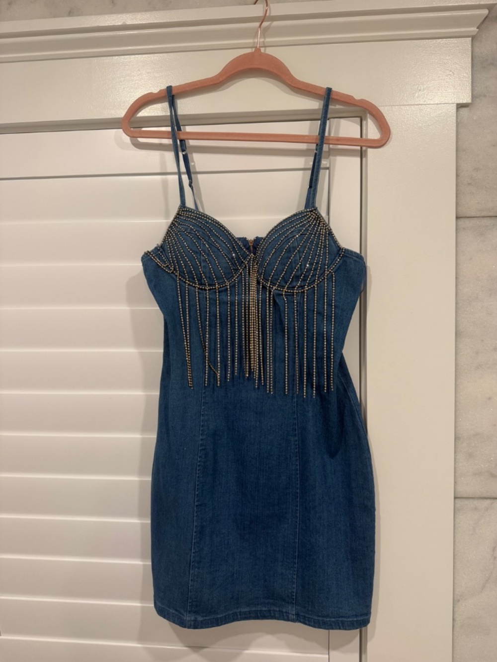 Denim many dress with rhinestone tassel